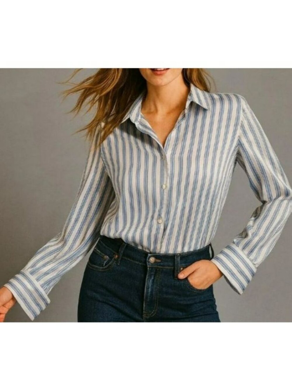 Maison DAmélie Paris Blue & White Striped Button-Up Shirt XL Long Sleeve Satín